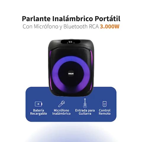 Parlante Inalámbrico Portátil RCA Con Micrófono Bluetooth PARTY6 3000W